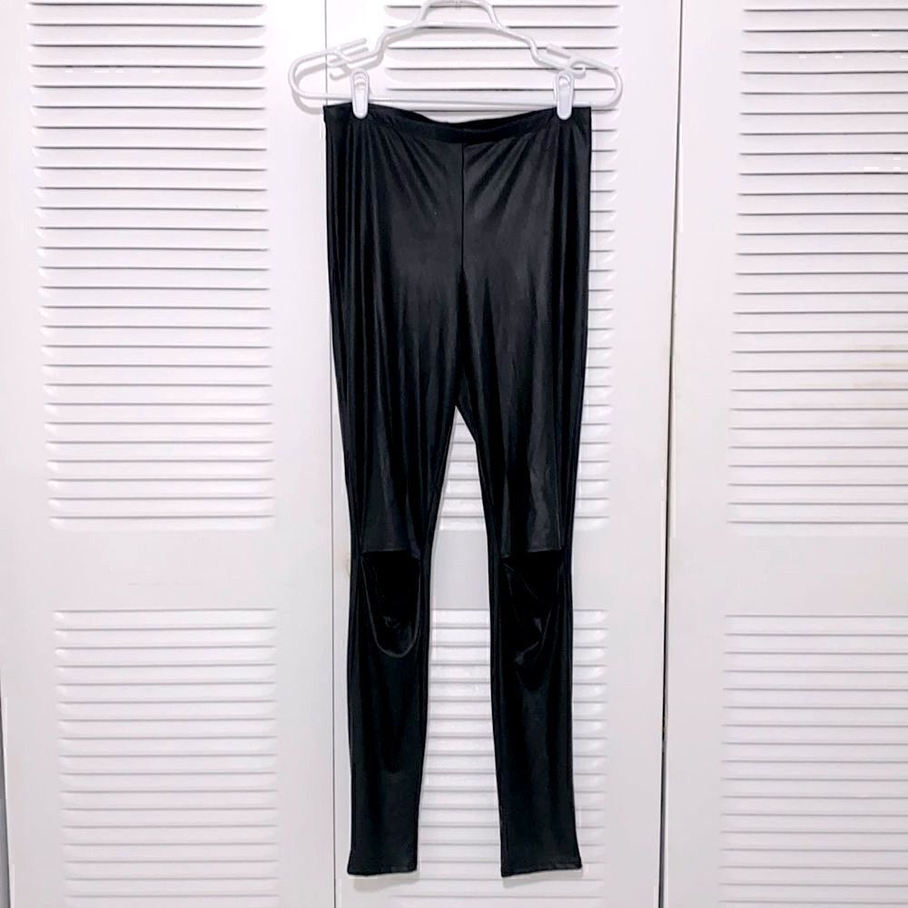 Shiny Spandex Pleather Vegan Leather Leggings Pants with Knee Slits